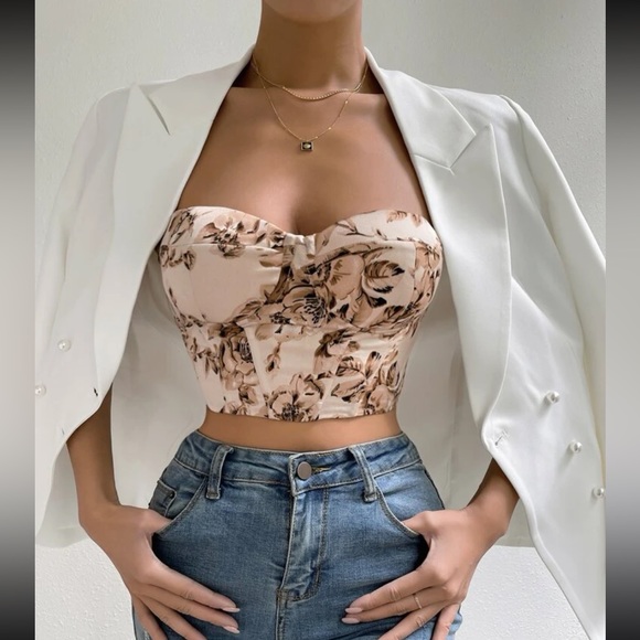 Boho floral print lace up back bustier corset tube satin top - Picture 15 of 16